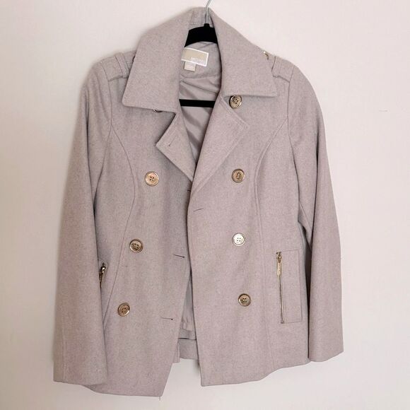 Michael Kors Women Light Tan Pea Coat with Gold Buttons Double Breasted Small - Picture 3 of 7